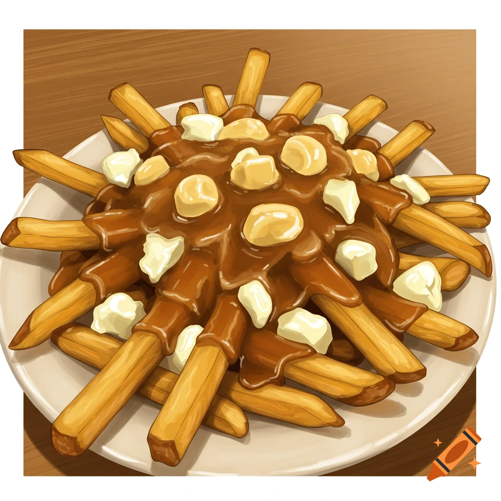 A plate of poutine, consisting of french fries covered in gravy and cheese curds.