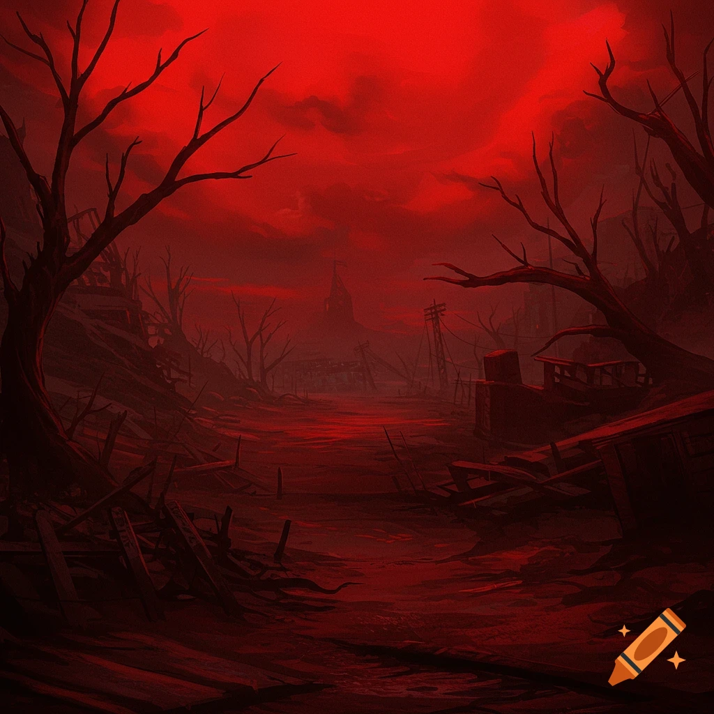 A desolate wasteland under a blood red sky with bare trees and ruins.