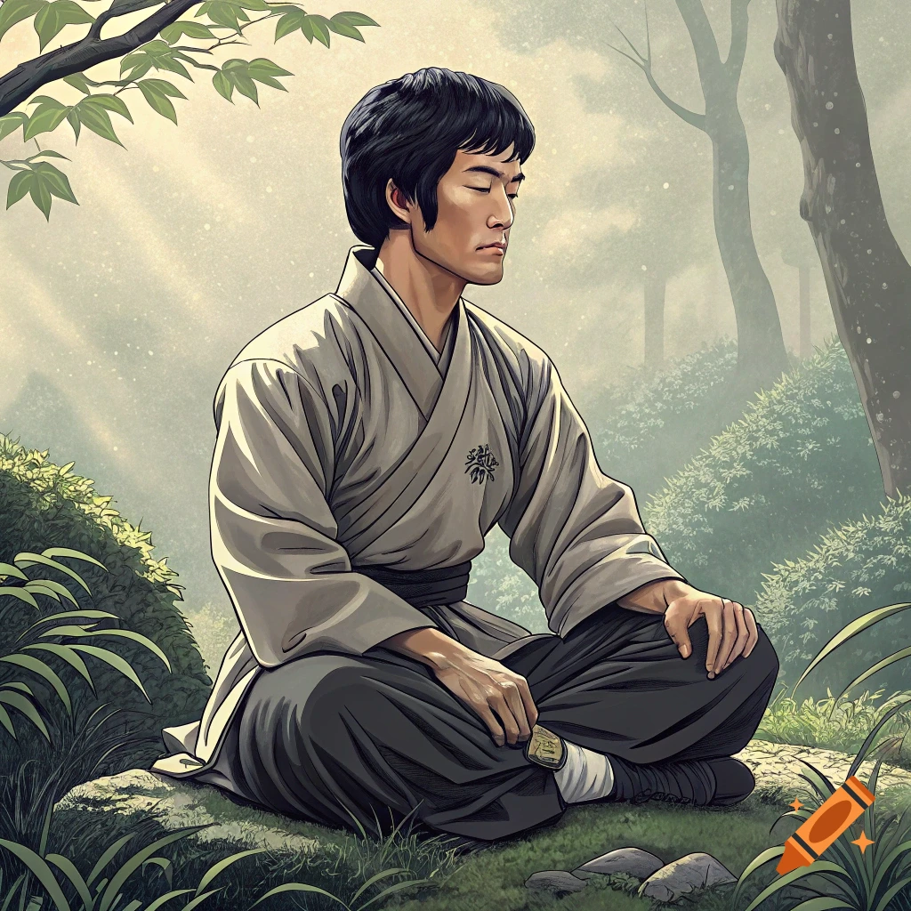 Illustrative portrait of a man resembling Bruce Lee meditating in a grey robe in a forest.