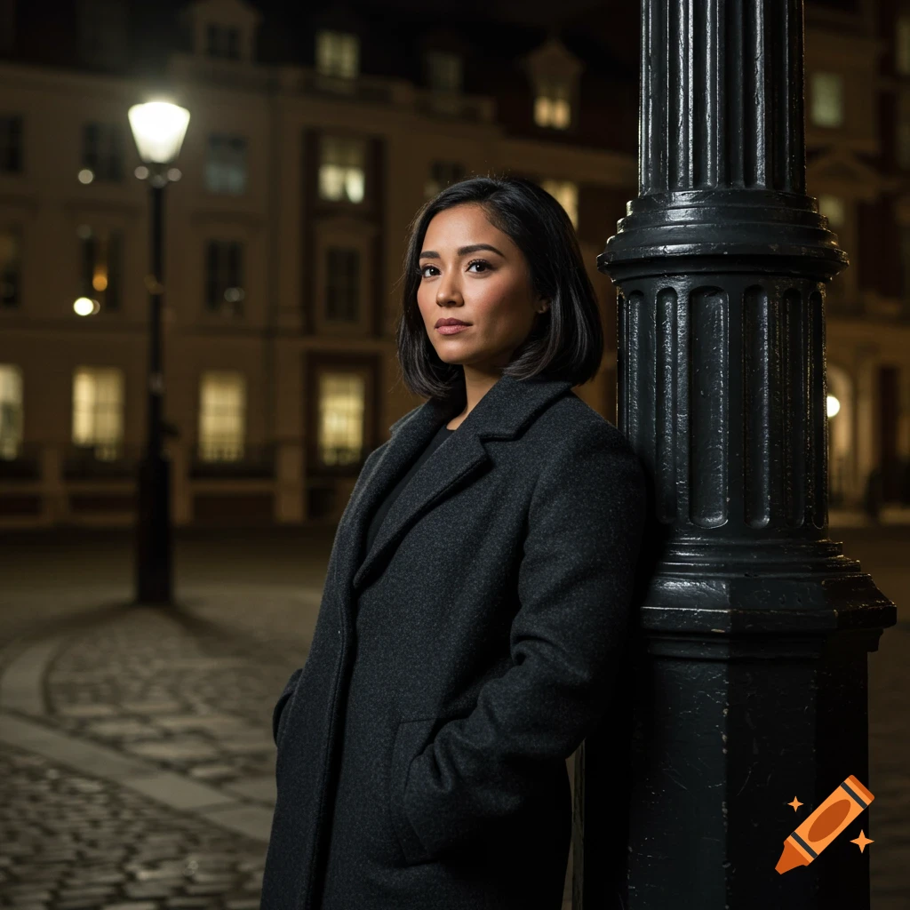 Hispanic woman in dark coat standing by a street lamp at night on a city street.