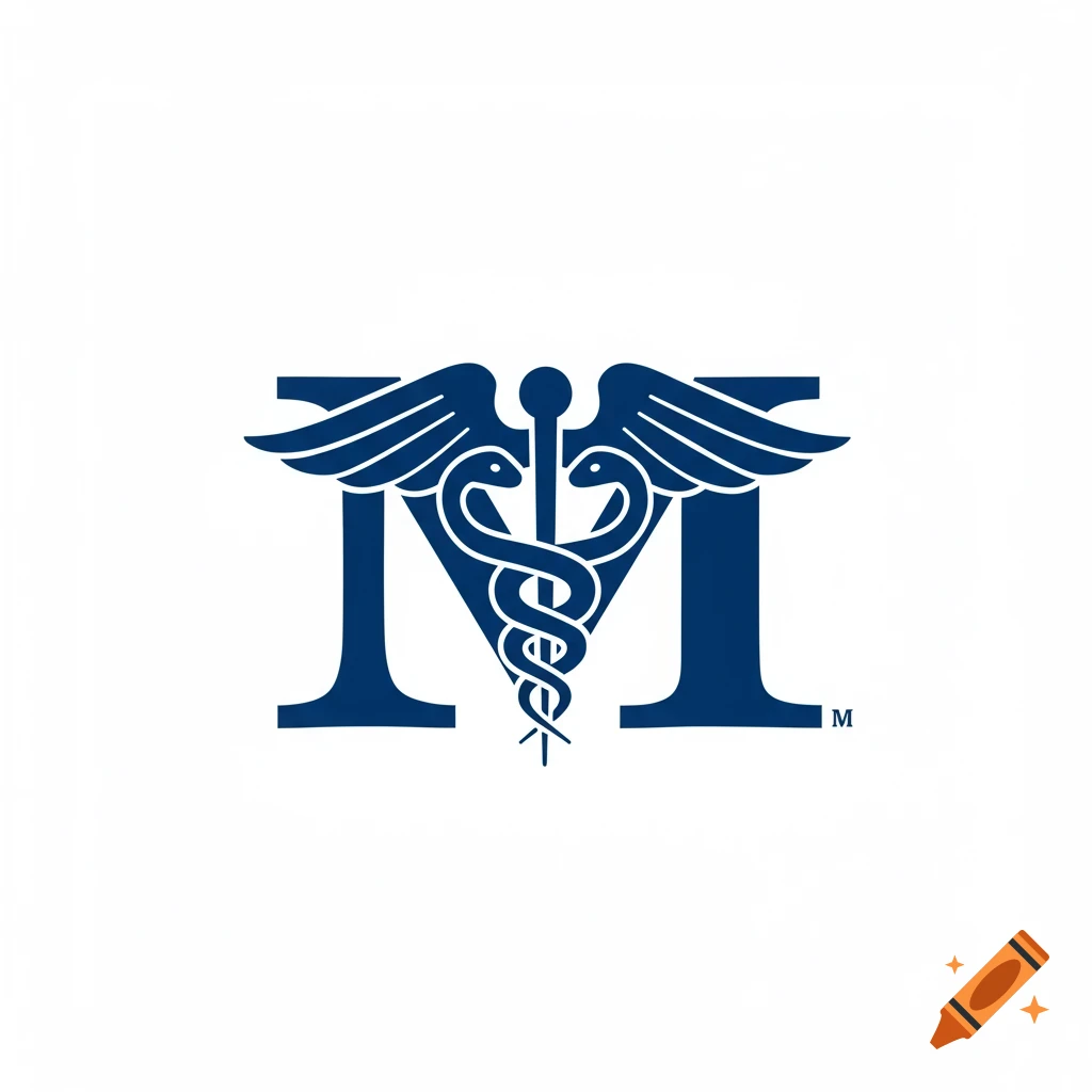 Dark blue stylized M with a caduceus symbol over it, on a white background.