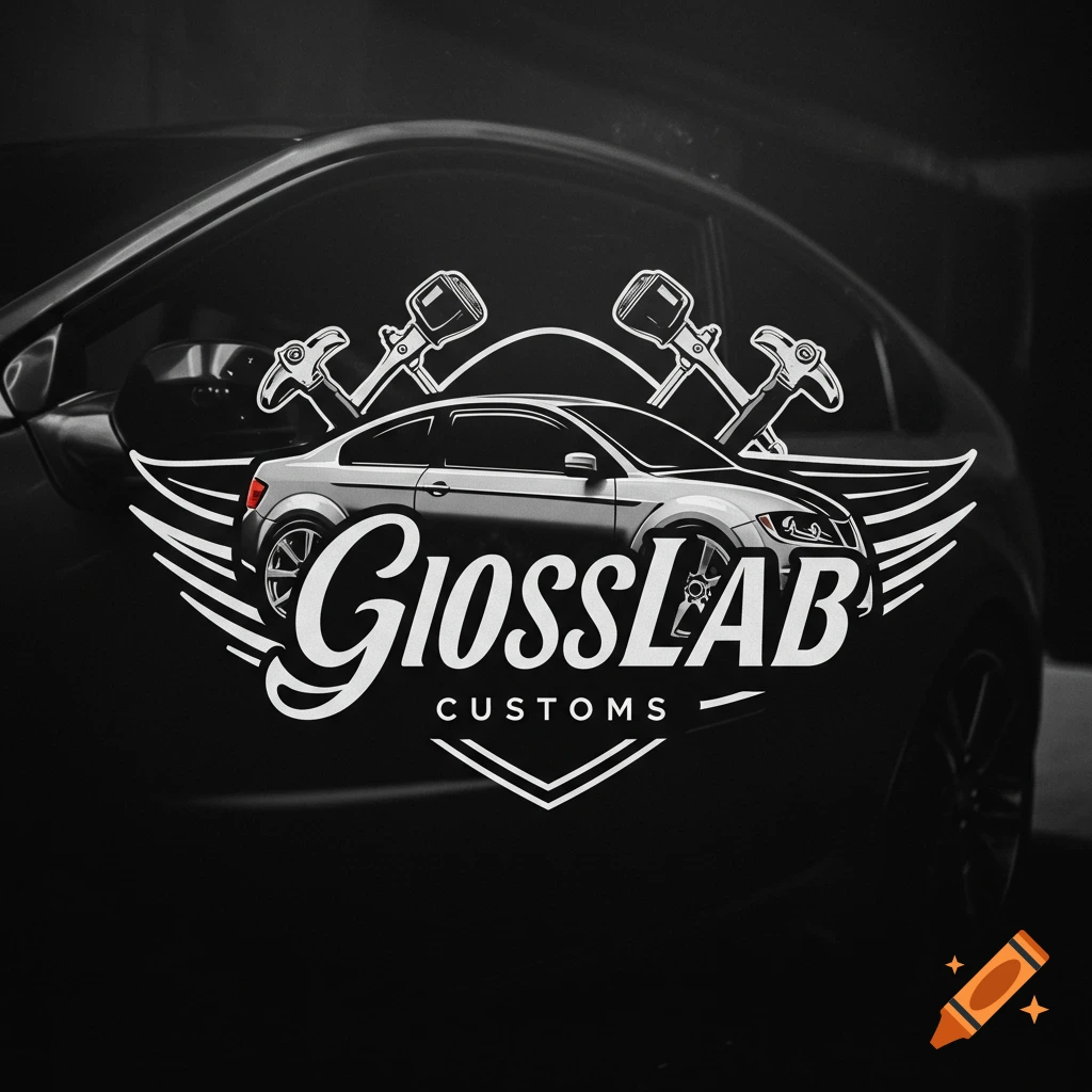 Black and white logo featuring a car with wings and tools above it, text reads "GlossLAB CUSTOMS".