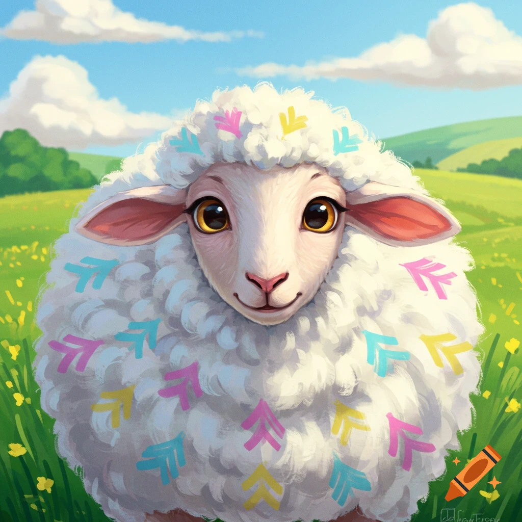 Close up of a cute cartoon sheep covered in colorful pink, blue, and yellow arrows, standing in a grassy field.