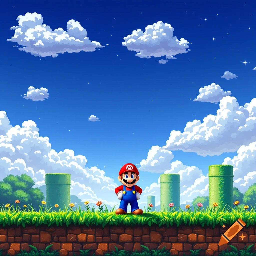 Mario stands in a bright, classic Super Mario landscape with pipes, grass, and clouds.