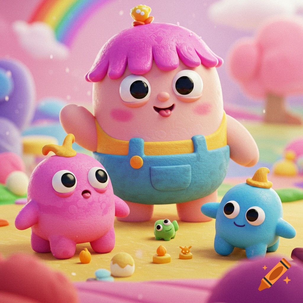 Three cute cartoon monsters stand in a bright, pastel fantasy landscape with a rainbow.