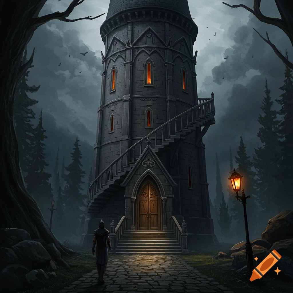 A figure walks towards a dark stone tower with an external staircase in a forest, lit by a lamppost at dusk.