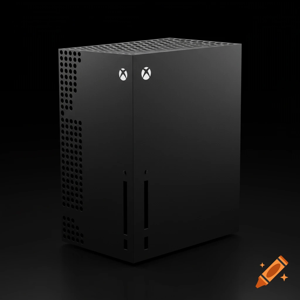 A black Xbox Series X game console on a dark background.