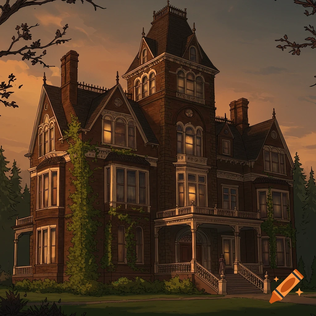 A large, dark Victorian mansion with lighted windows at sunset, surrounded by trees.