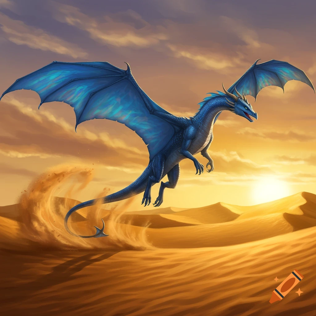 A blue dragon flies over sand dunes at sunset.