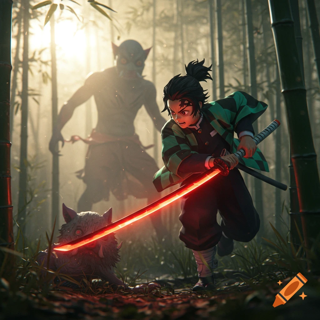 Anime characters fighting a demon in a bamboo forest. A character in a green and black haori holds a glowing sword near a boar-headed figure.