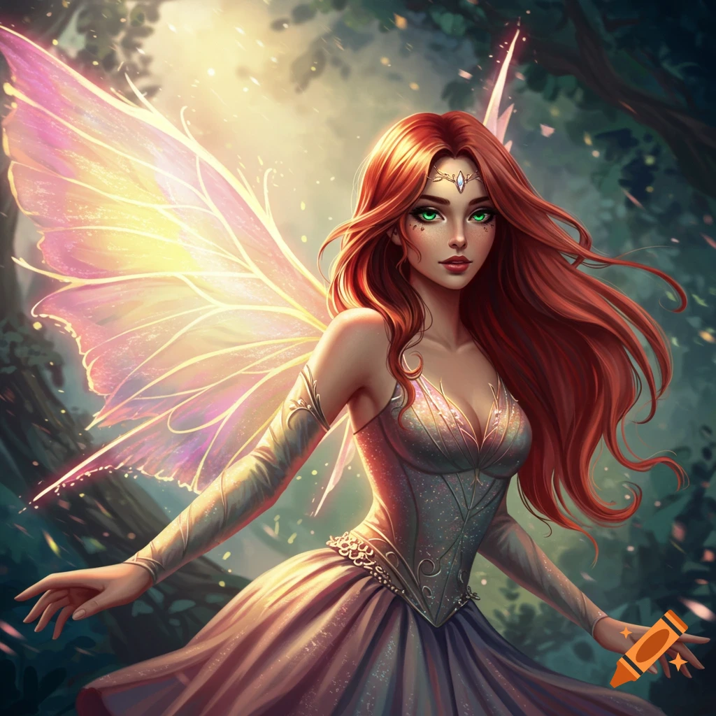 A red-haired fairy with large pink and yellow wings standing in a forest.