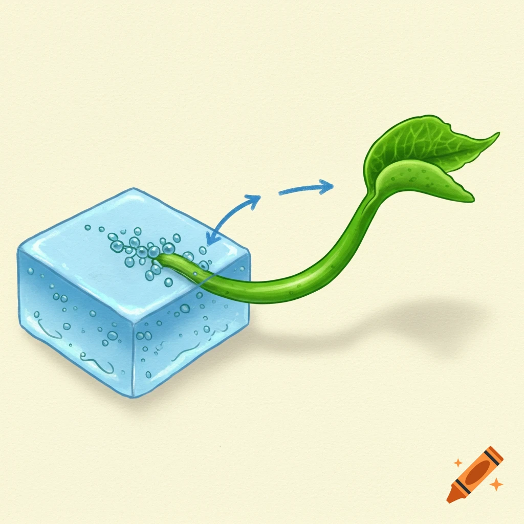 A green coleoptile (plant sprout) bending away from a blue agar block with bubbles, with blue arrows indicating direction.