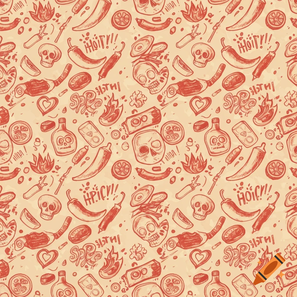 Seamless hand-drawn pattern with spicy food doodles, including chili peppers, skulls, flames, and stylized text, in red on a beige background.