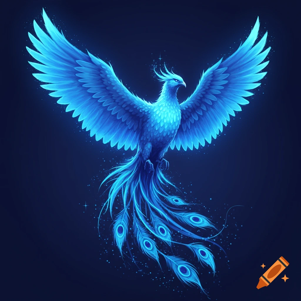 A glowing blue phoenix with spread wings and peacock-like tail feathers against a dark background. Digital art.