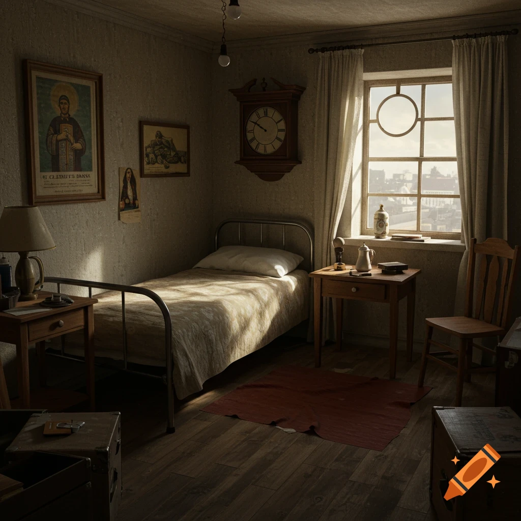 Vintage room with a bed, desk, chair, clock, and posters on the wall.