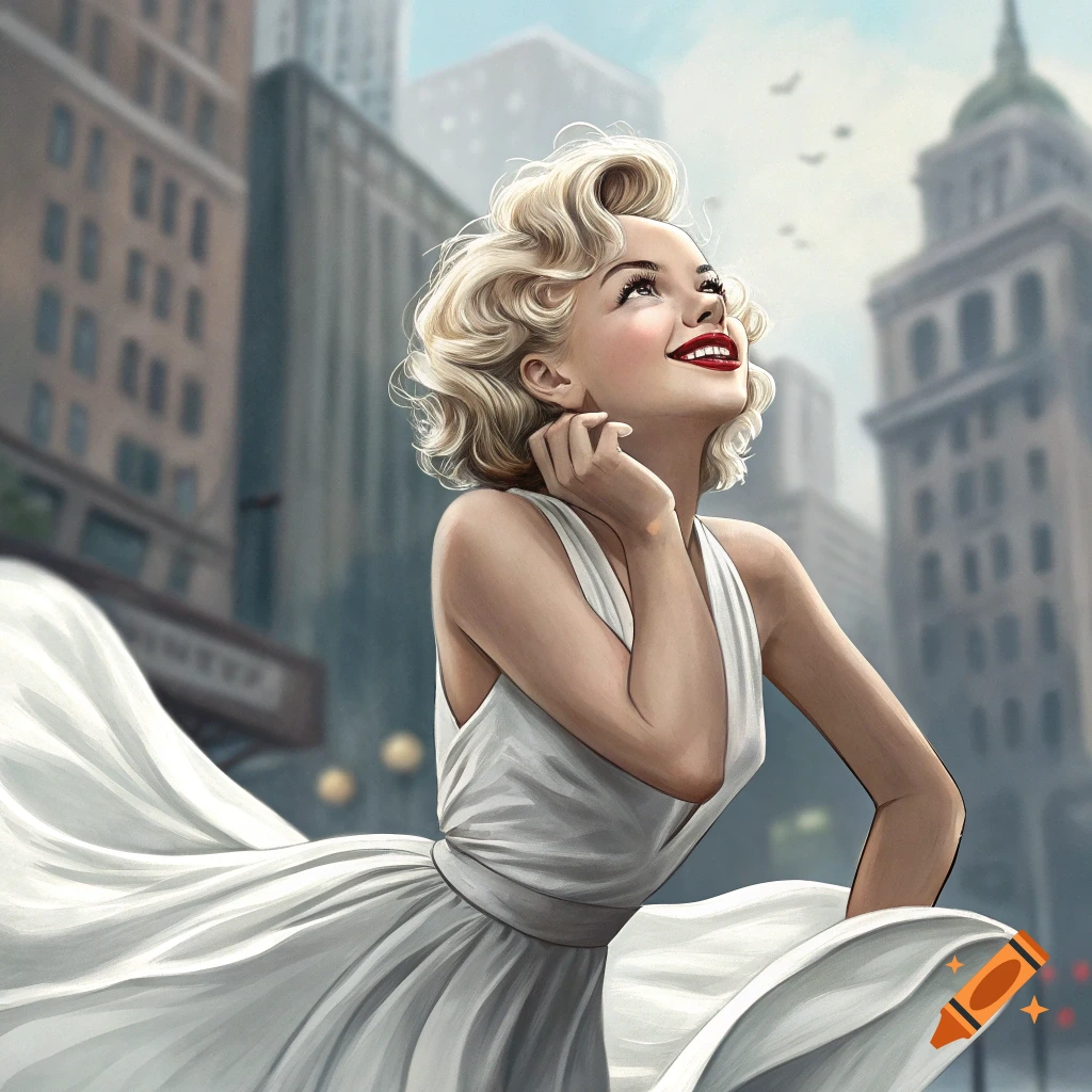 Illustration of a smiling woman in a white dress with blonde hair looking up in a city street