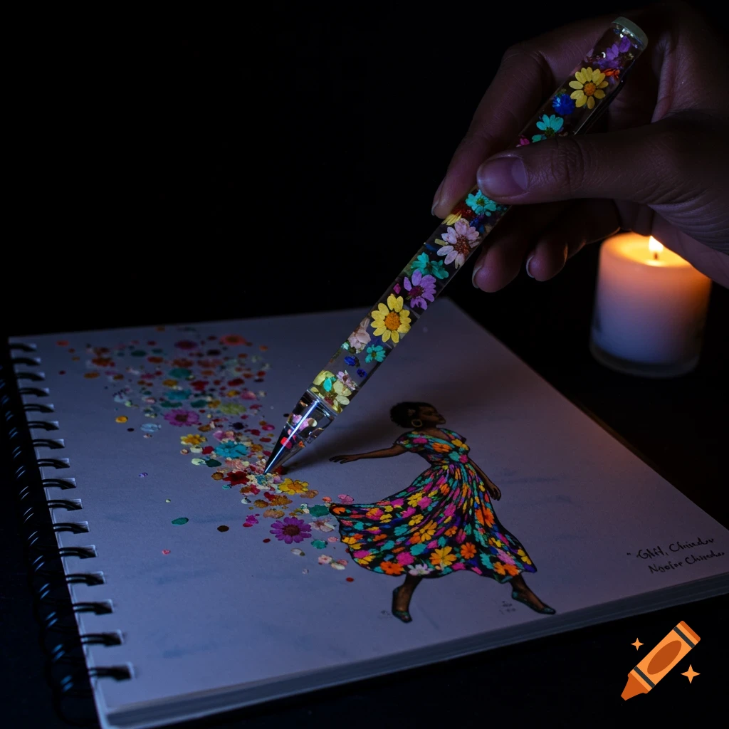 Hand holding a pen drawing a figure made of flowers onto a notebook next to a candle, photorealistic.