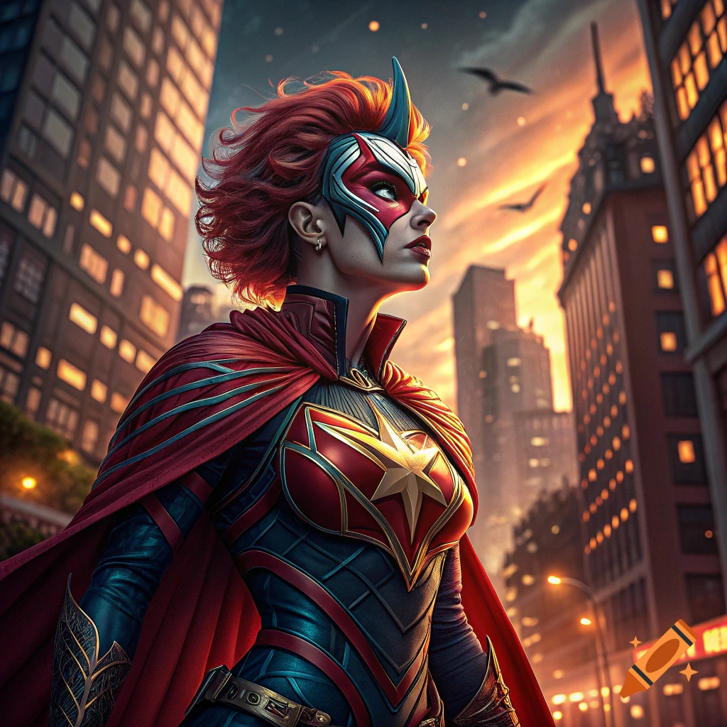 Superhero woman with red hair and mask stands in a city street at sunset, looking determined.