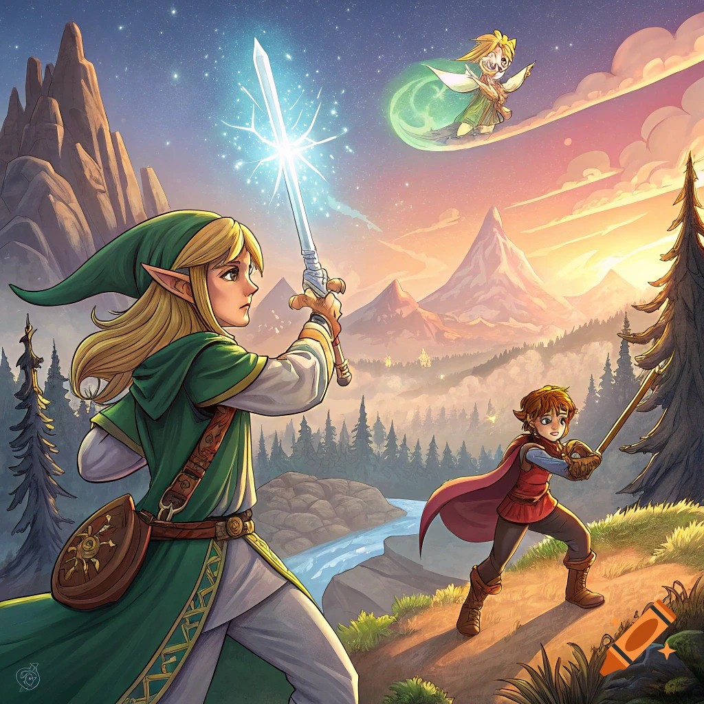 Illustration of fantasy characters with swords in a mountain landscape at sunset.