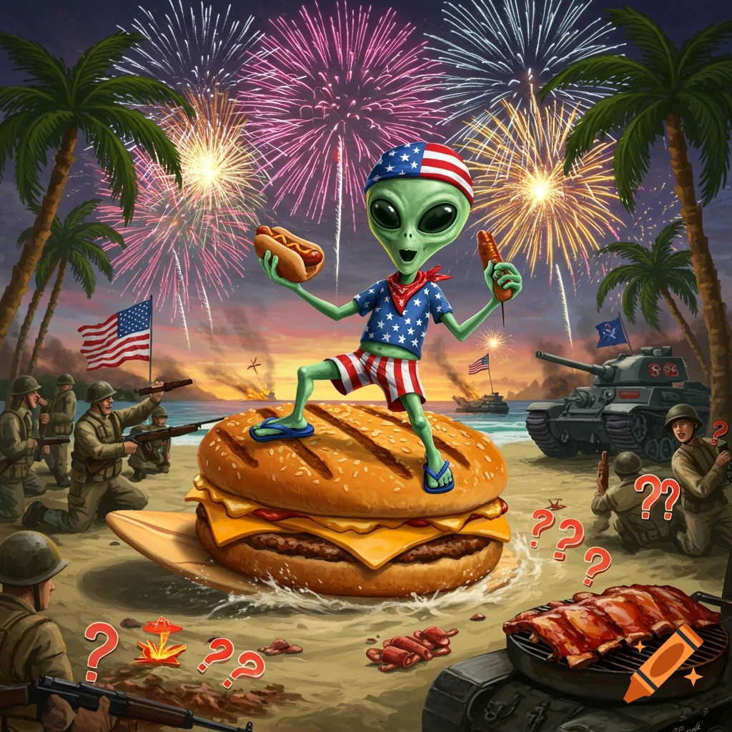 Alien surfs giant burger on a battlefield beach with soldiers, tanks, and fireworks.
