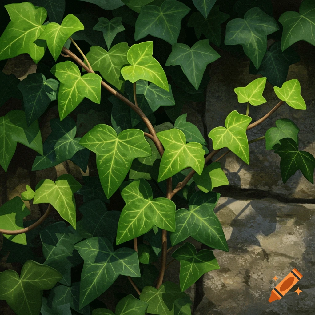 Green ivy leaves climbing a stone wall.