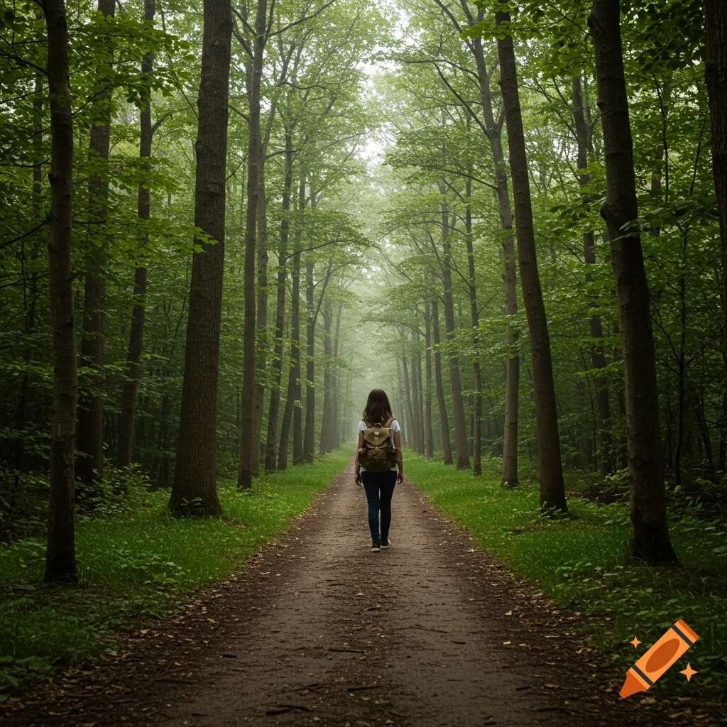 A person with a backpack walks down a path through a dense green forest.