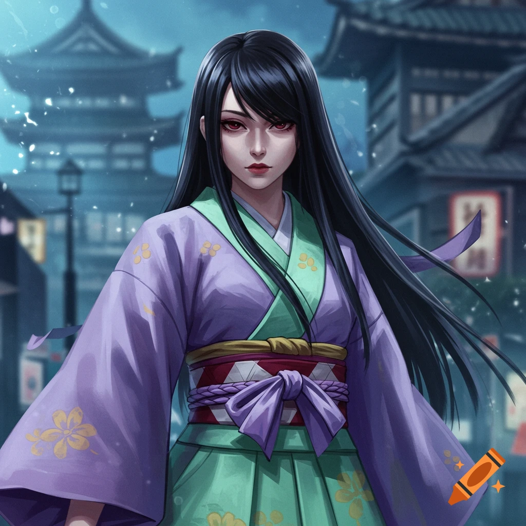 A woman in traditional Japanese attire with long black hair stands in a city street at night.