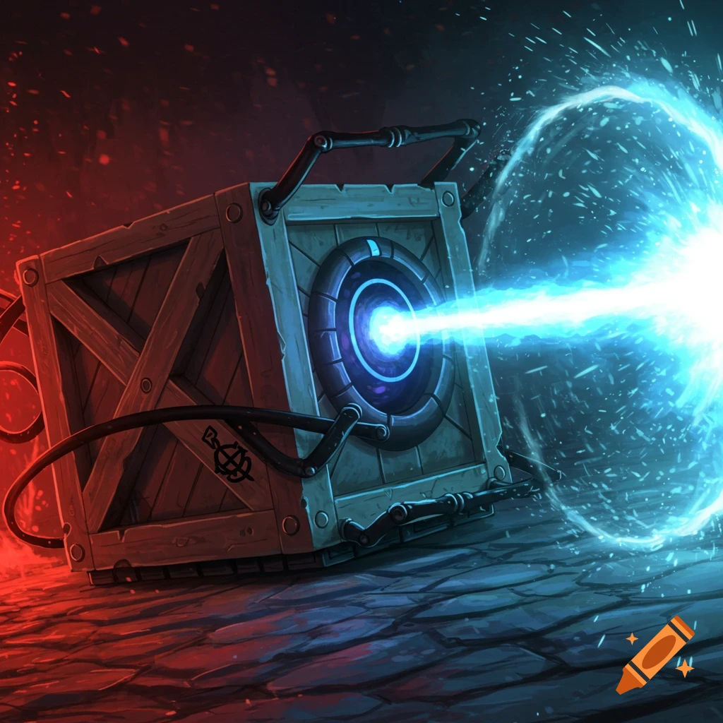 A wooden crate device shoots a blue beam into a swirling energy portal.