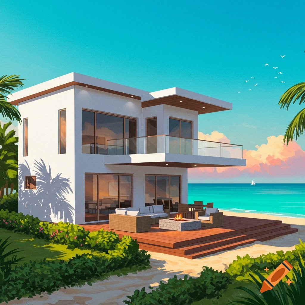 A modern house sits on a beach with a deck, outdoor furniture, and ocean view.