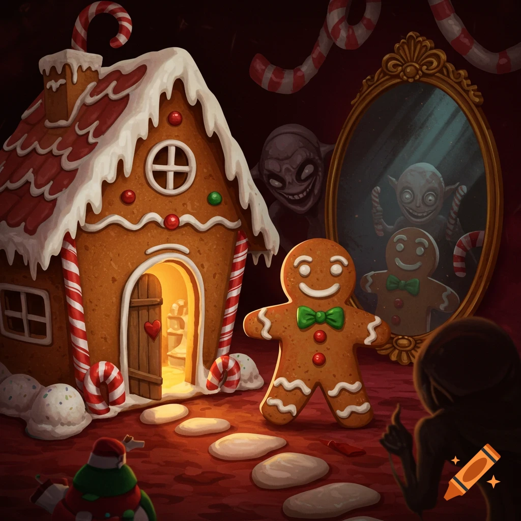 A gingerbread house, a gingerbread man, a mirror showing a creepy creature's reflection, and a shadowy figure.