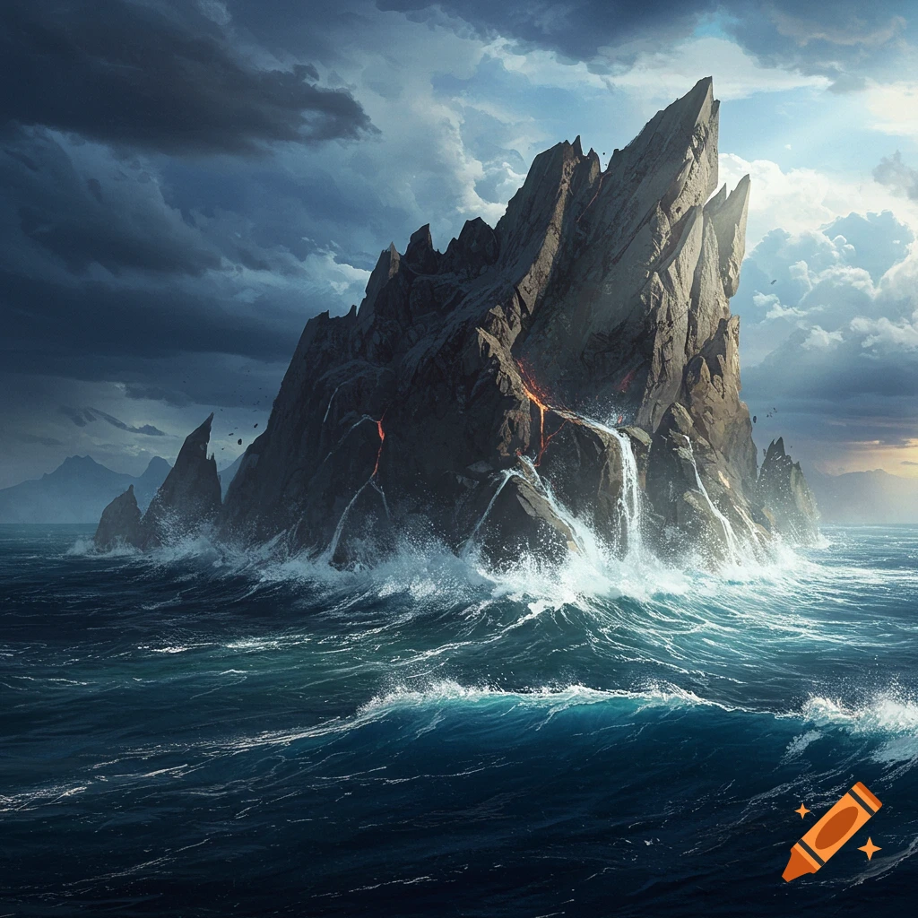A jagged, dark rock formation rises from a stormy sea under dramatic clouds.