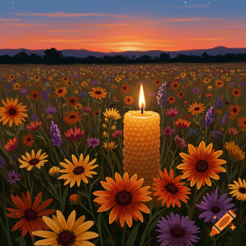 A lit beeswax candle stands in a field of colorful wildflowers at sunset.