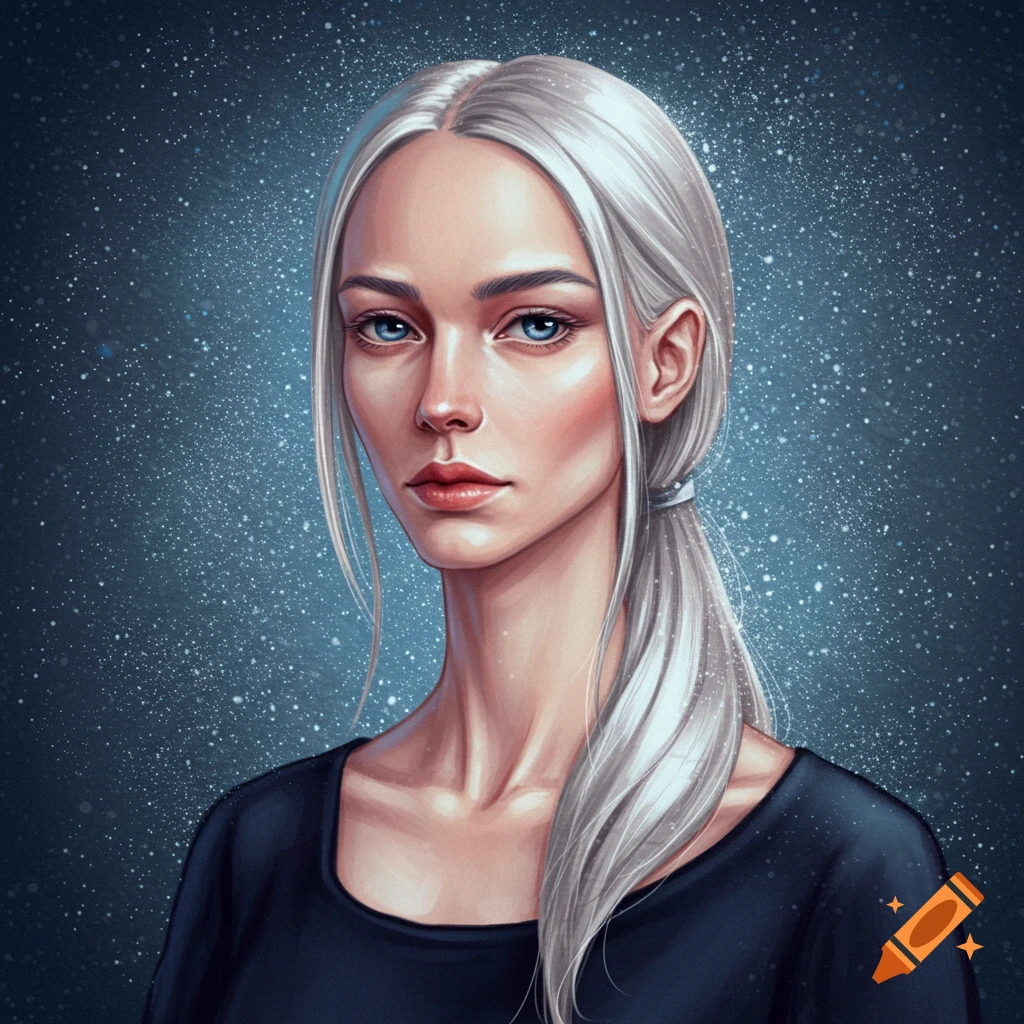 A portrait of a woman with long white hair and blue eyes against a starry background.