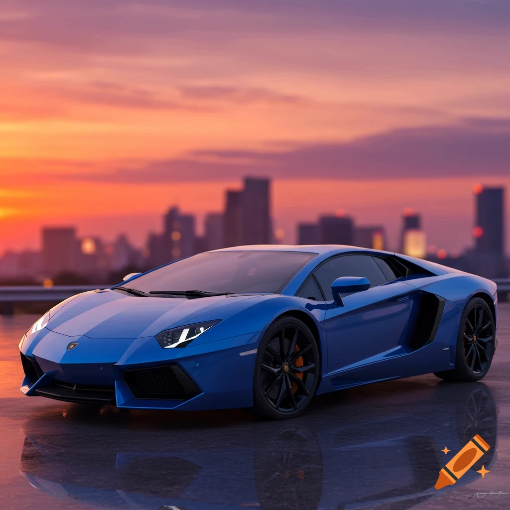 A blue Lamborghini Aventador sits on a wet rooftop overlooking a city skyline at sunset.