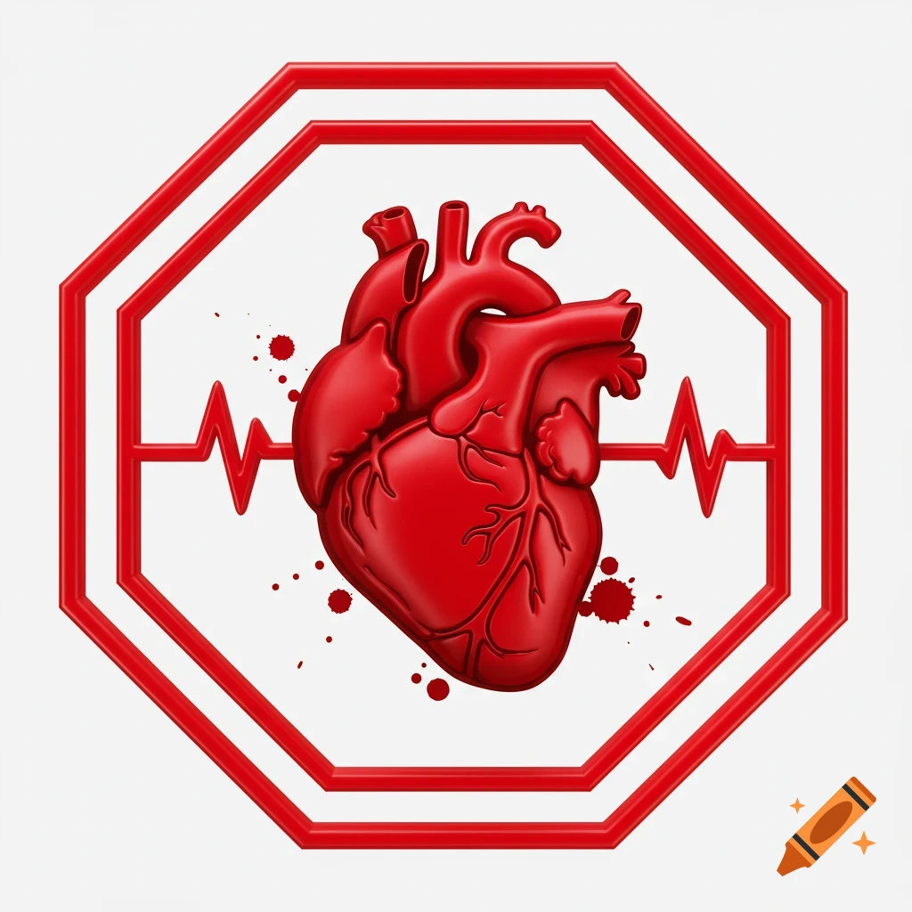 Stylized red anatomical heart inside a red octagon outline with a heartbeat line and red splatters.