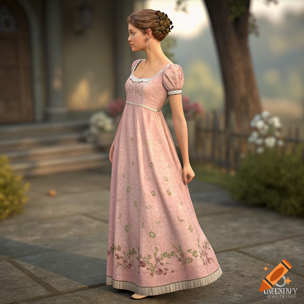 A woman in a long pink historical dress stands outside a building.