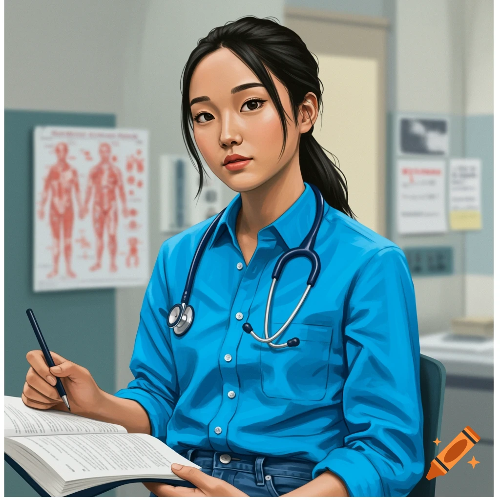 A young woman studies medical material with a stethoscope around her neck.