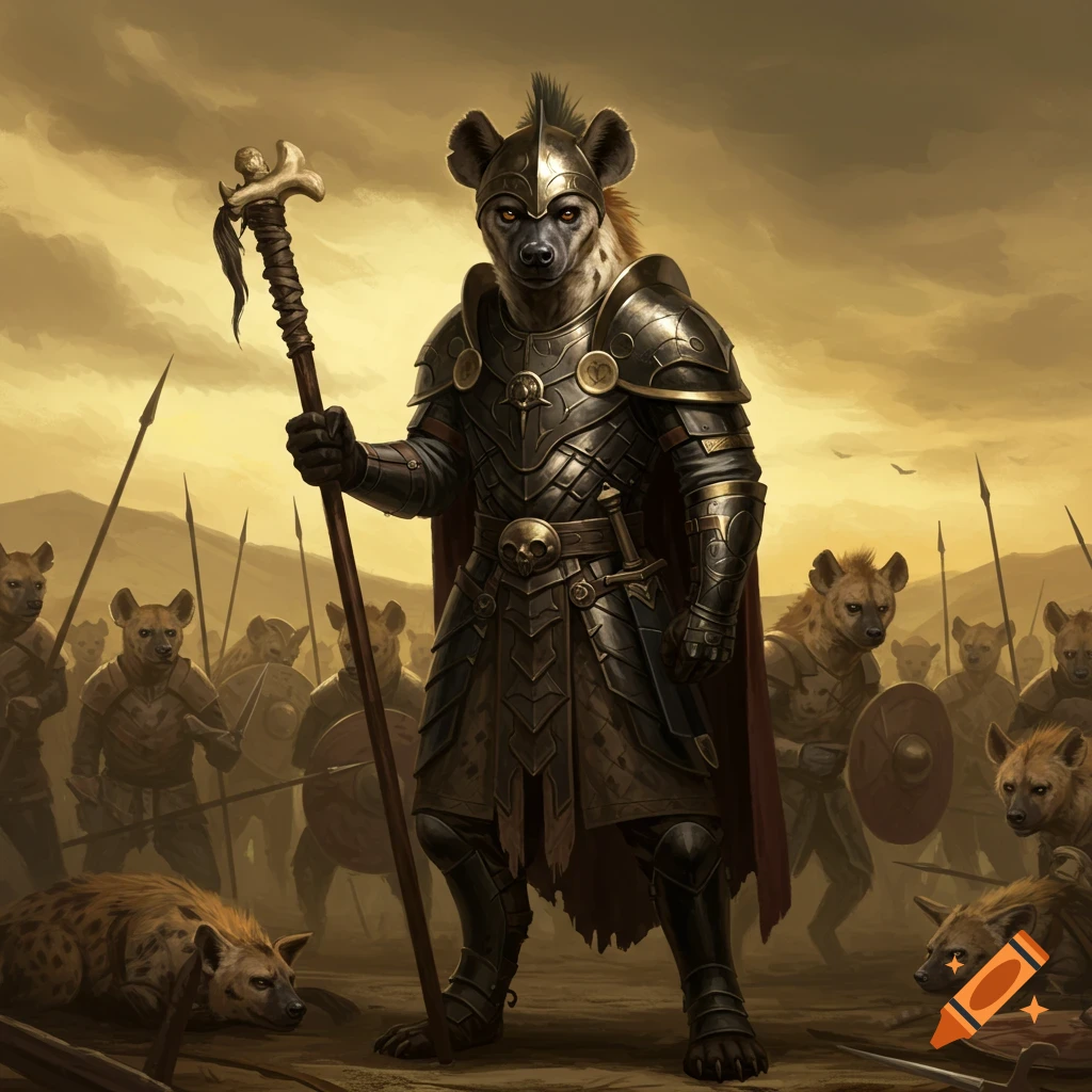A hyena army general in dark armor stands before his troops.