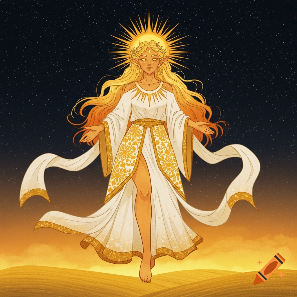 A sun goddess floats above fields against a starry sky, wearing a white and gold dress with a sun halo.