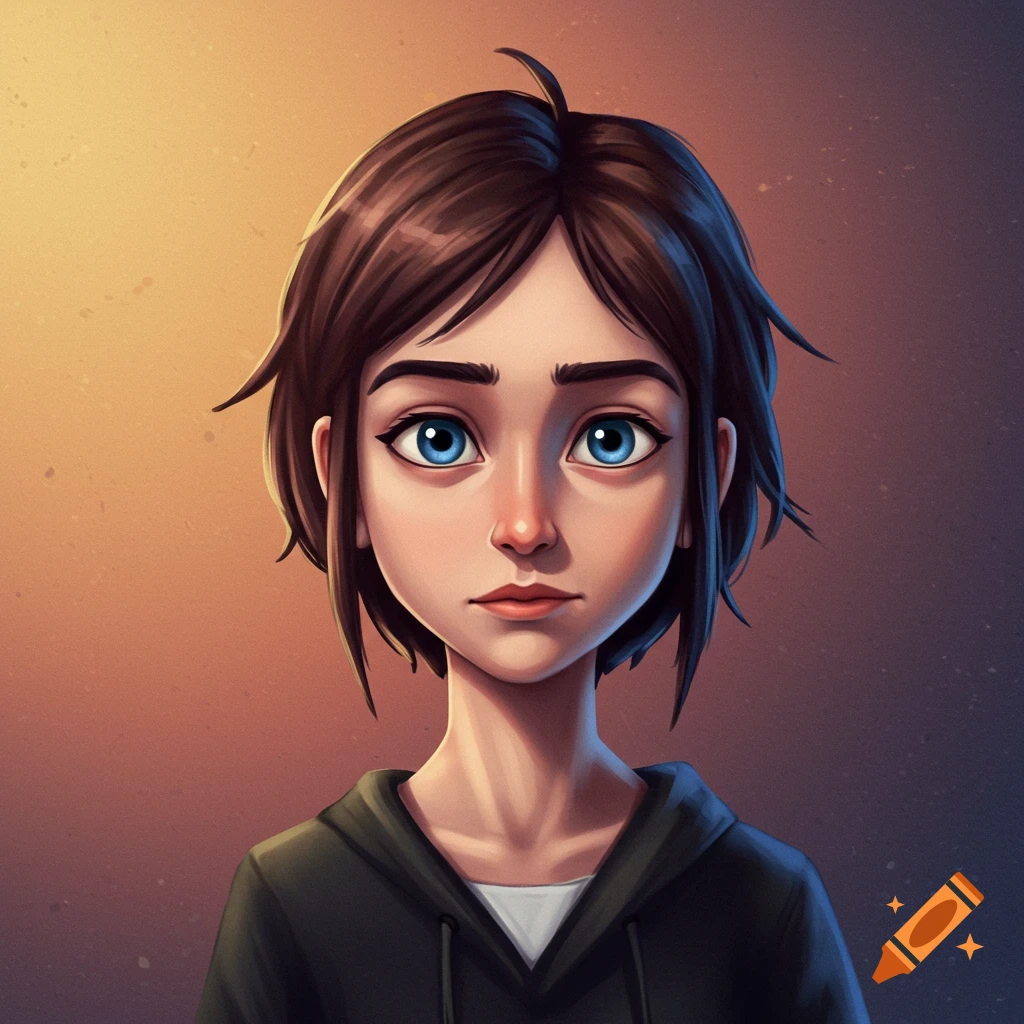 A girl with short brown hair and blue eyes in an animation style.