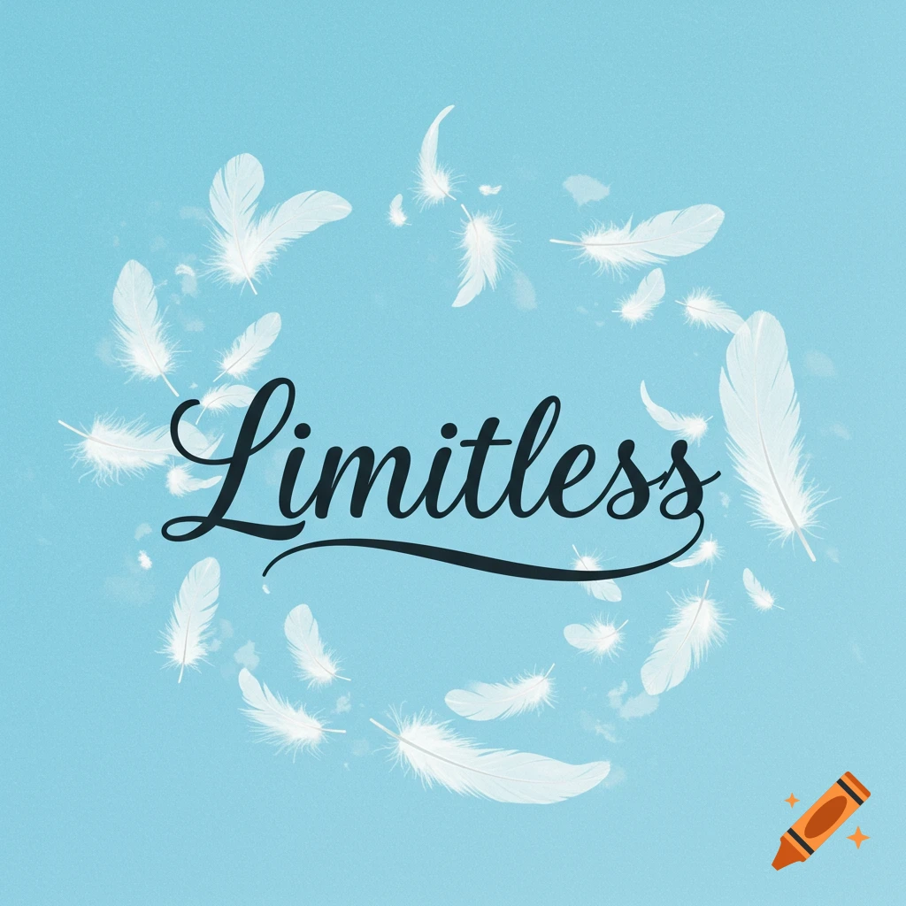 Cursive text "Limitless" surrounded by white feathers on a light blue background.