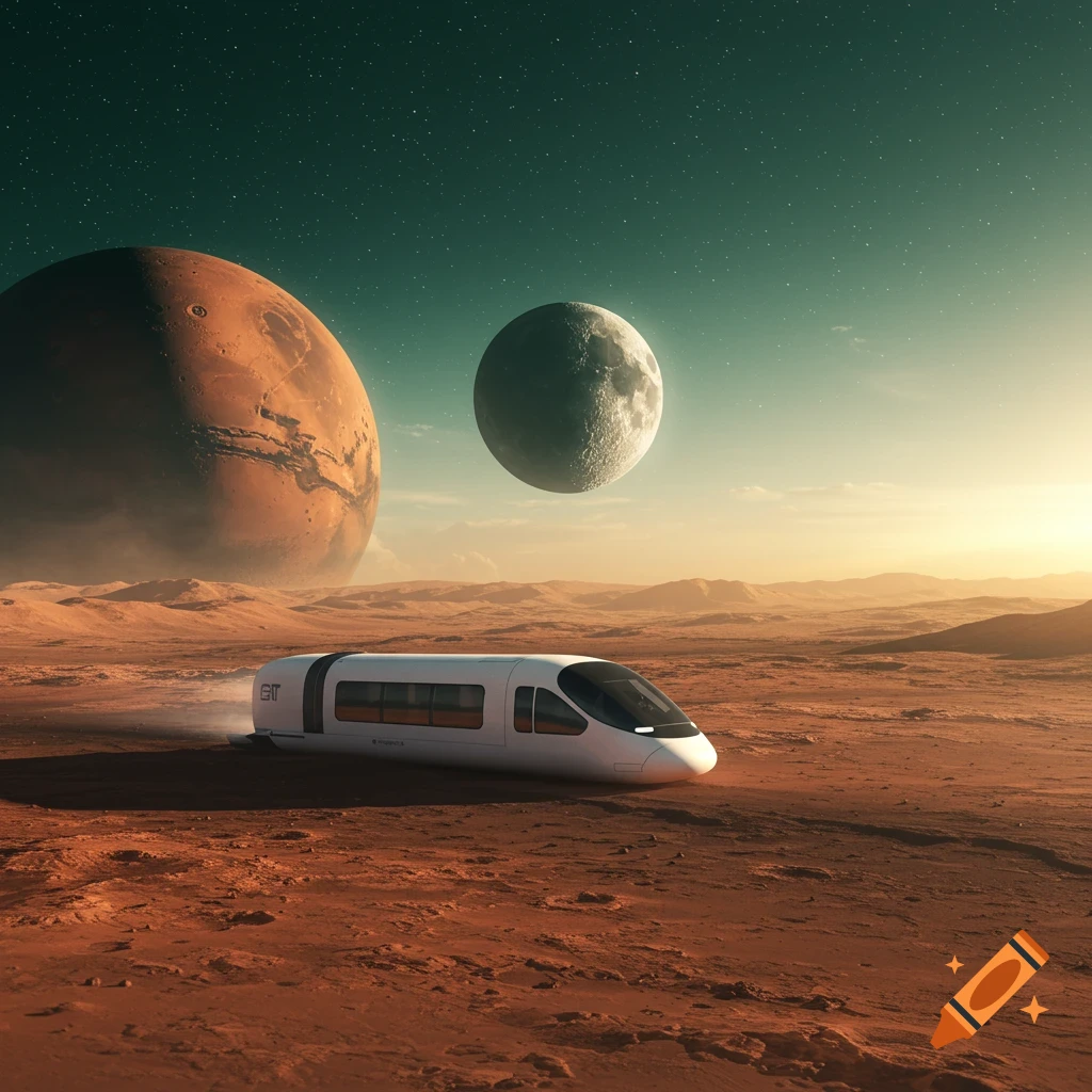 A futuristic white train on a red, sandy Martian surface, with Mars and the Moon large in the starry sky during a sunrise.