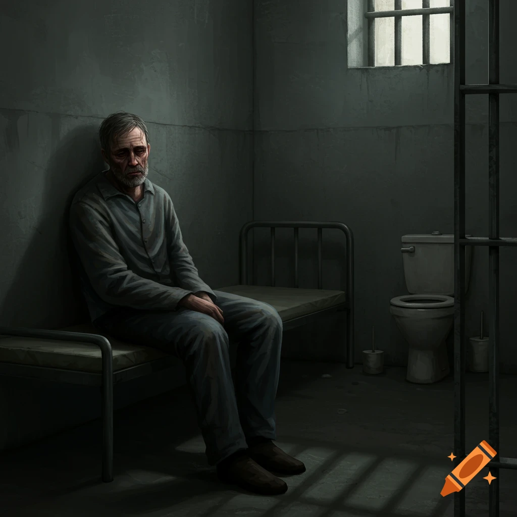 An ill older man sits on a bed in a dark prison cell.