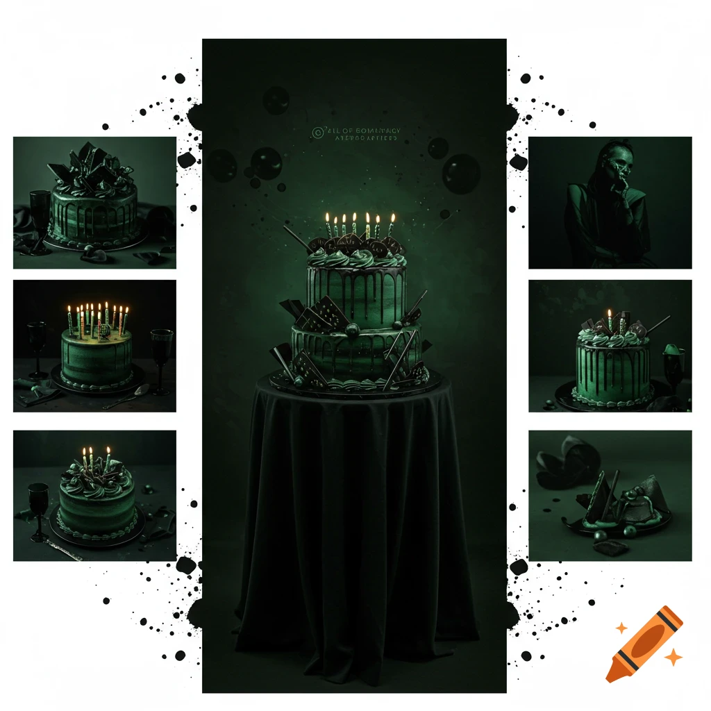 A collage of dark green birthday cakes with black decorations, a shrouded figure, and splatters.