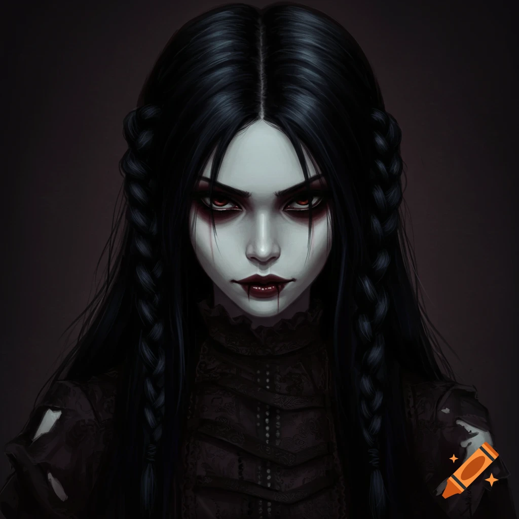 A pale woman with long black hair, dark eyes, and dark makeup, with drips from her mouth.