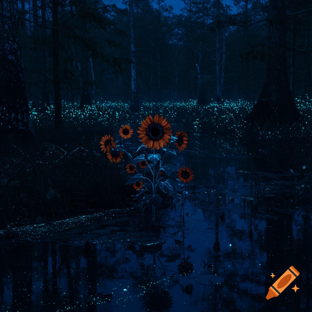 Dark sunflowers stand in a glowing swamp in a dark forest at night.