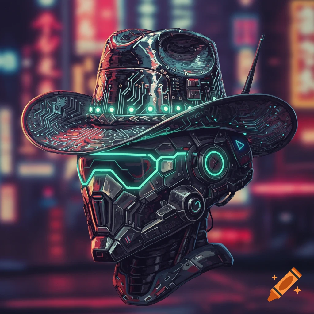 A cybernetic head wearing a circuit board cowboy hat with glowing teal lights in a blurry cyberpunk city.