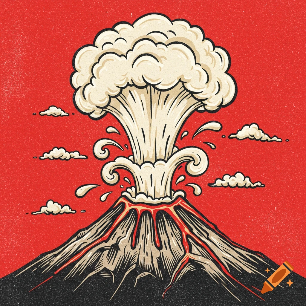 A woodcut illustration of a volcano erupting white material and lava against a red sky with small clouds.
