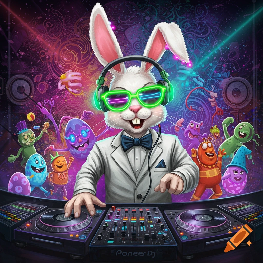 Cartoon Easter bunny wearing headphones and sunglasses, DJing at a party with other characters and colorful lights.