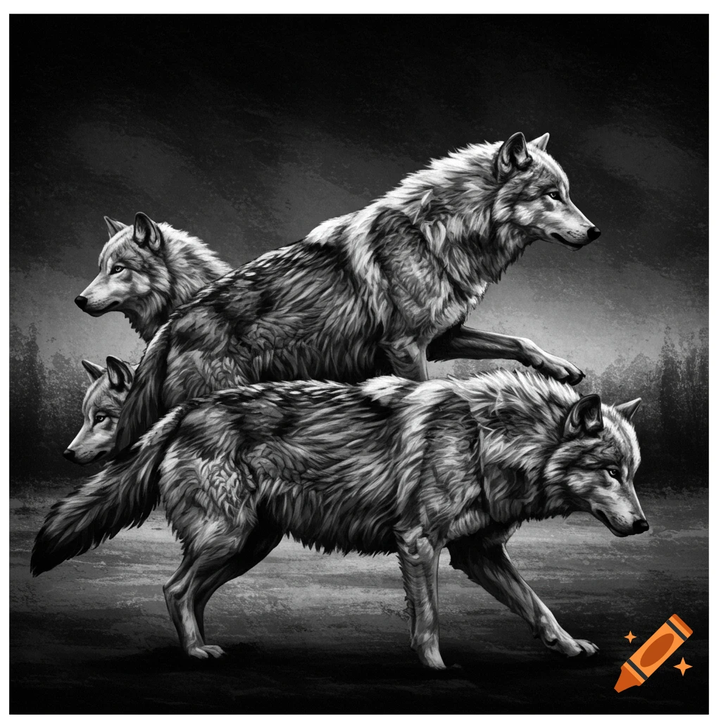 A black and white image shows a pack of wolves in a forest.